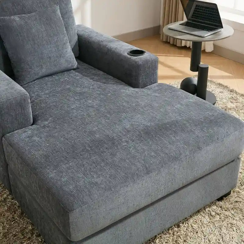 Chaise longue surdimensionnée en tissu chenille, canapé-lit de 100/110/140 cm avec oreillers, station de charge et porte-gobelets
