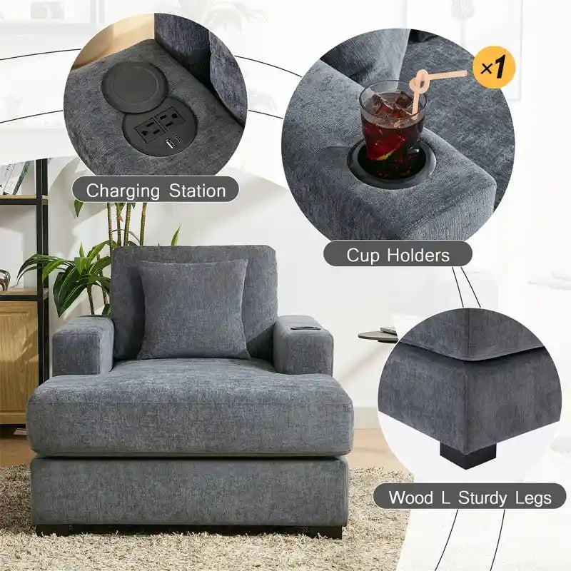 Chaise longue surdimensionnée en tissu chenille, canapé-lit de 100/110/140 cm avec oreillers, station de charge et porte-gobelets