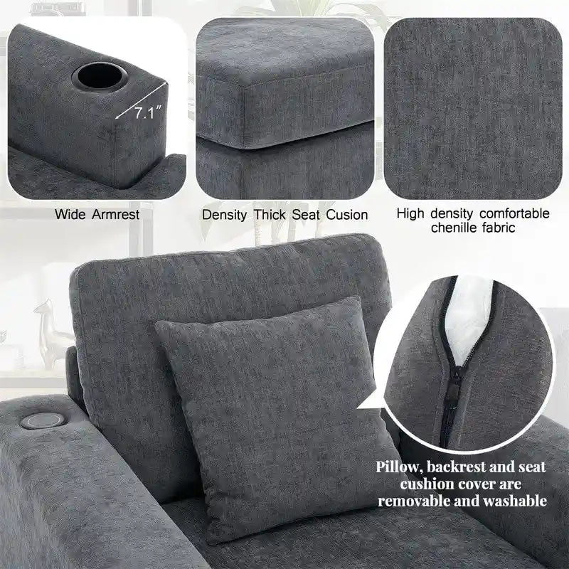 Chaise longue surdimensionnée en tissu chenille, canapé-lit de 100/110/140 cm avec oreillers, station de charge et porte-gobelets