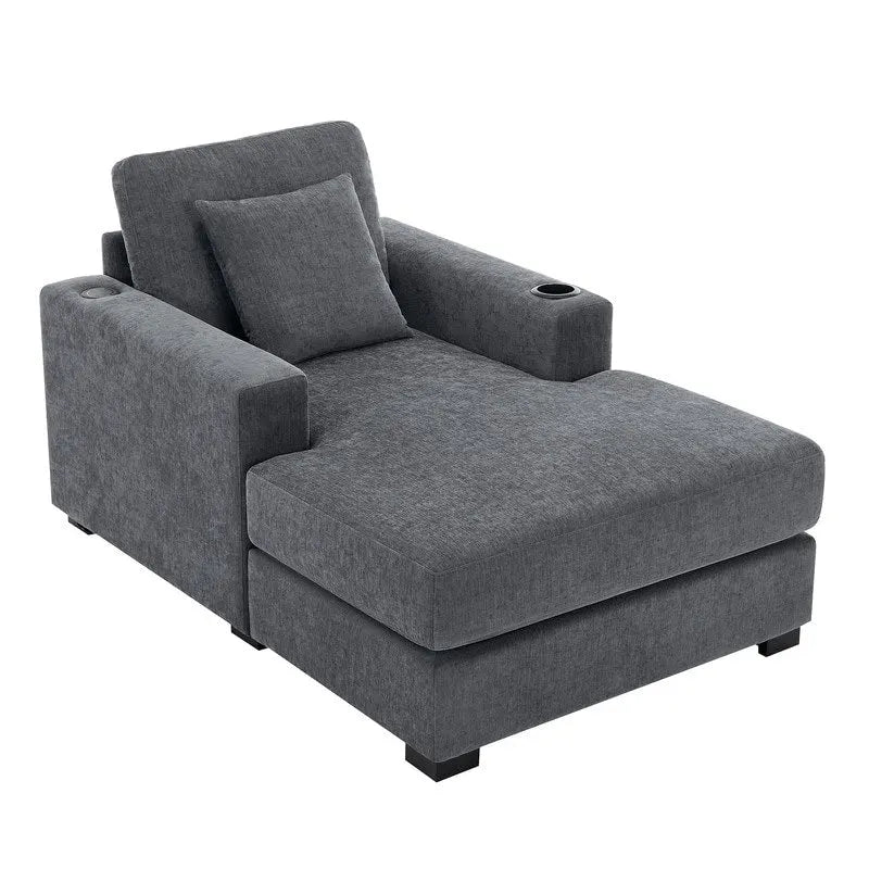 Chaise longue surdimensionnée en tissu chenille, canapé-lit de 100/110/140 cm avec oreillers, station de charge et porte-gobelets