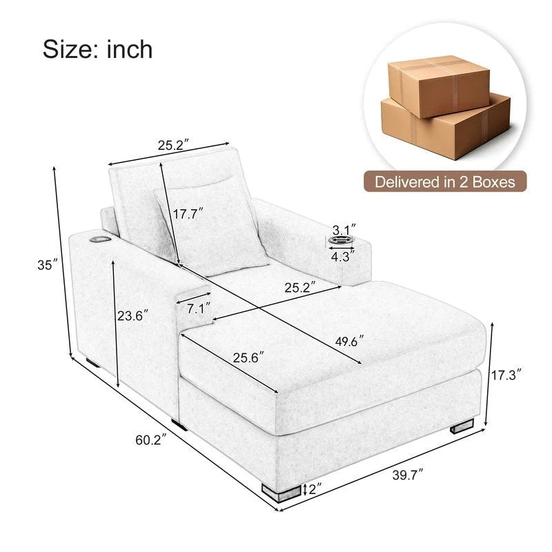 Chaise longue surdimensionnée en tissu chenille, canapé-lit de 100/110/140 cm avec oreillers, station de charge et porte-gobelets