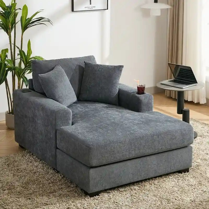 Chaise longue surdimensionnée en tissu chenille, canapé-lit de 100/110/140 cm avec oreillers, station de charge et porte-gobelets