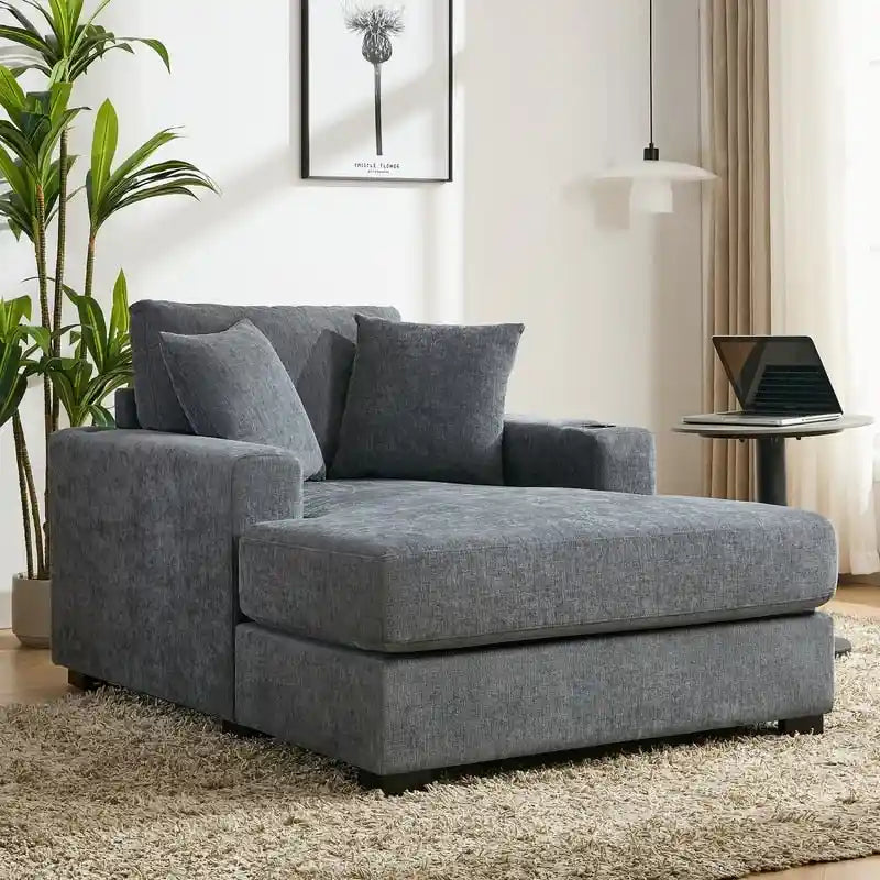 Chaise longue surdimensionnée en tissu chenille, canapé-lit de 100/110/140 cm avec oreillers, station de charge et porte-gobelets