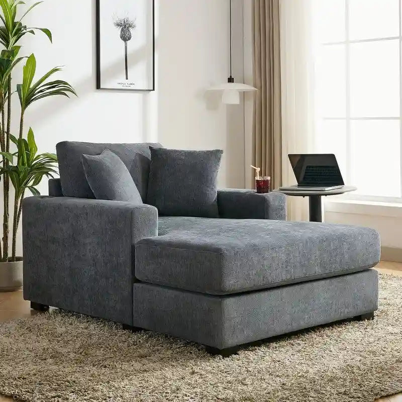Chaise longue surdimensionnée en tissu chenille, canapé-lit de 100/110/140 cm avec oreillers, station de charge et porte-gobelets