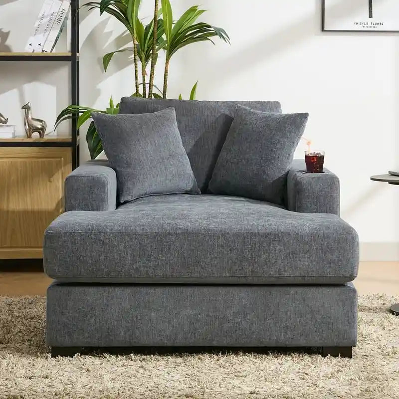 Chaise longue surdimensionnée en tissu chenille, canapé-lit de 100/110/140 cm avec oreillers, station de charge et porte-gobelets