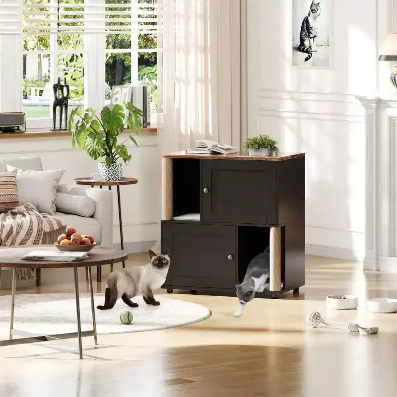 Meuble cache-litière double avec poteaux à griffer et tapis de litière à double couche pour animaux de compagnie d'intérieur