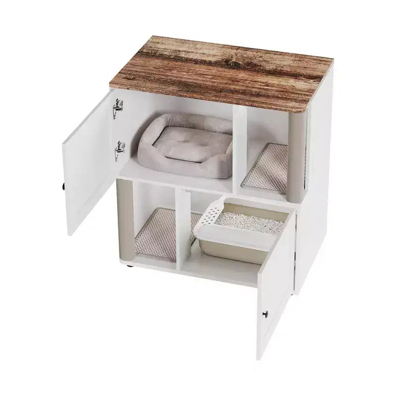 Meuble cache-litière double avec poteaux à griffer et tapis de litière à double couche pour animaux de compagnie d'intérieur