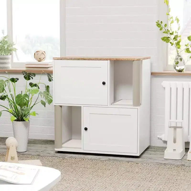 Meuble cache-litière double avec poteaux à griffer et tapis de litière à double couche pour animaux de compagnie d'intérieur