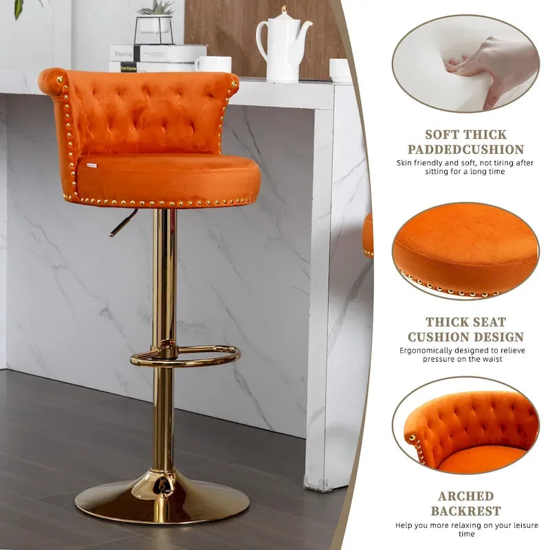 Tabourets de bar pivotants à hauteur réglable en velours capitonné avec rivets décoratifs et repose-pieds doré (lot de 2)