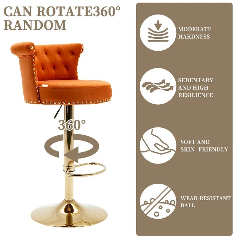Tabourets de bar pivotants à hauteur réglable en velours capitonné avec rivets décoratifs et repose-pieds doré (lot de 2)