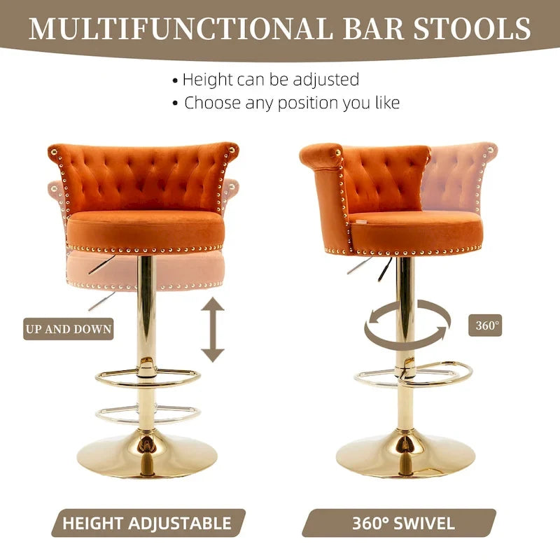 Tabourets de bar pivotants à hauteur réglable en velours capitonné avec rivets décoratifs et repose-pieds doré (lot de 2)