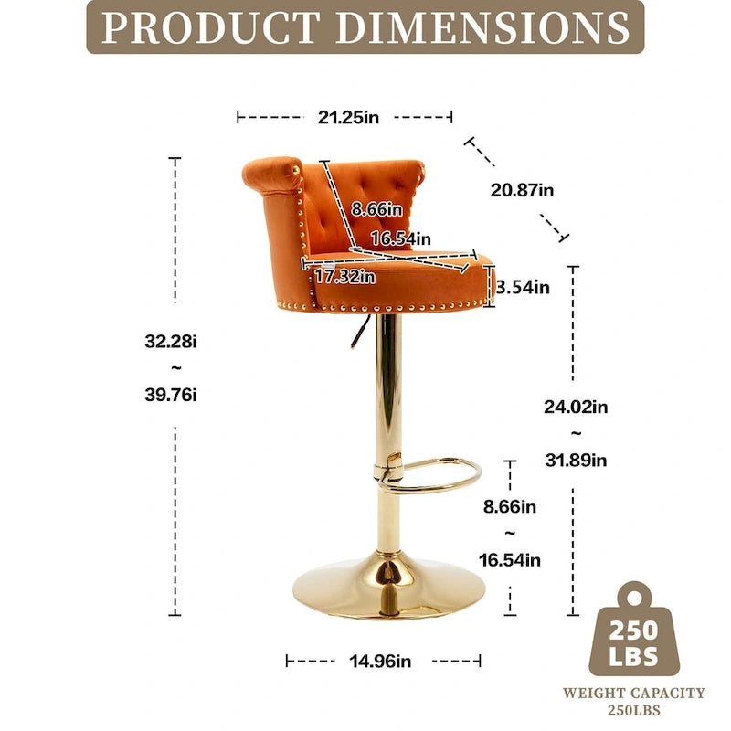 Tabourets de bar pivotants à hauteur réglable en velours capitonné avec rivets décoratifs et repose-pieds doré (lot de 2)