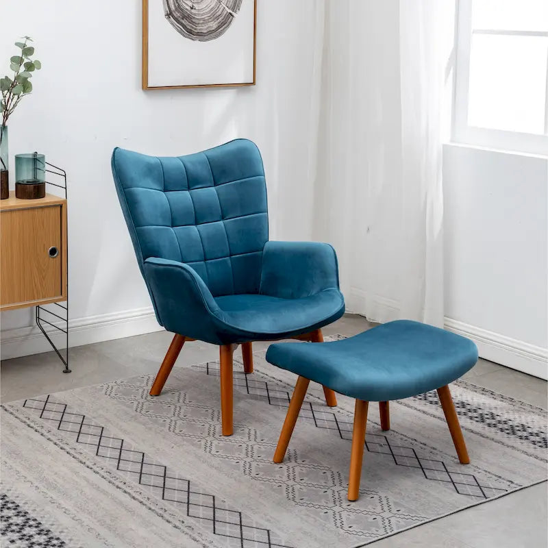 Fauteuil capitonné en velours avec repose-pieds