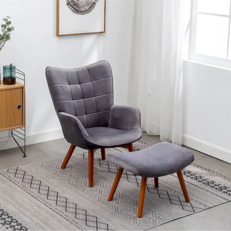 Fauteuil capitonné en velours avec repose-pieds