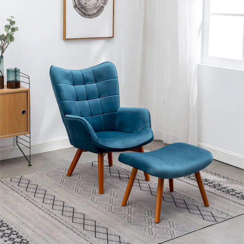 Fauteuil capitonné en velours avec repose-pieds