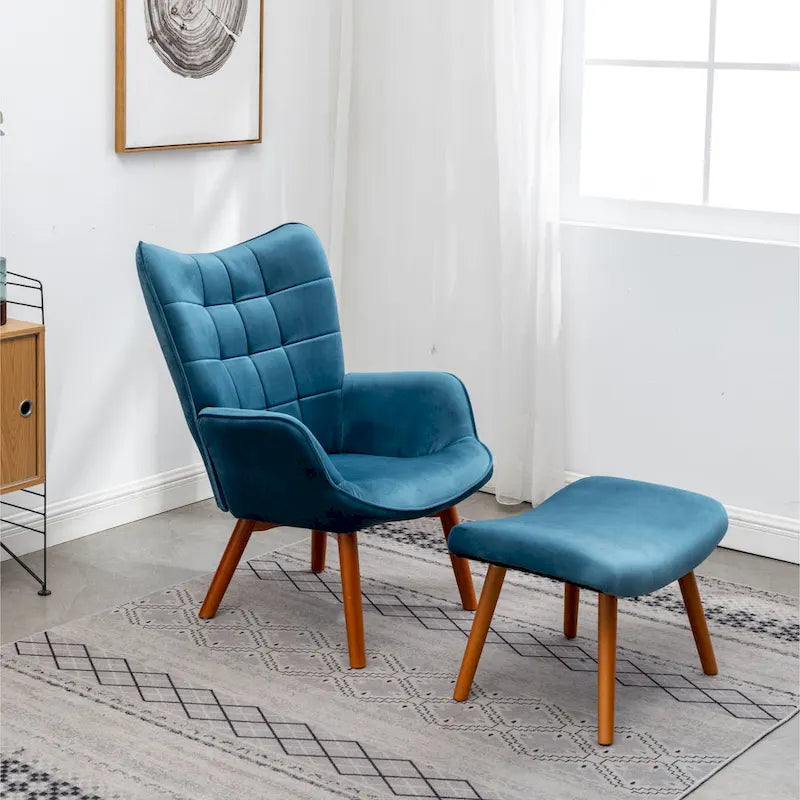 Fauteuil capitonné en velours avec repose-pieds