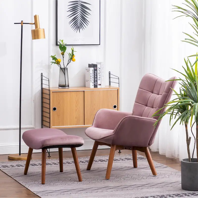 Fauteuil capitonné en velours avec repose-pieds