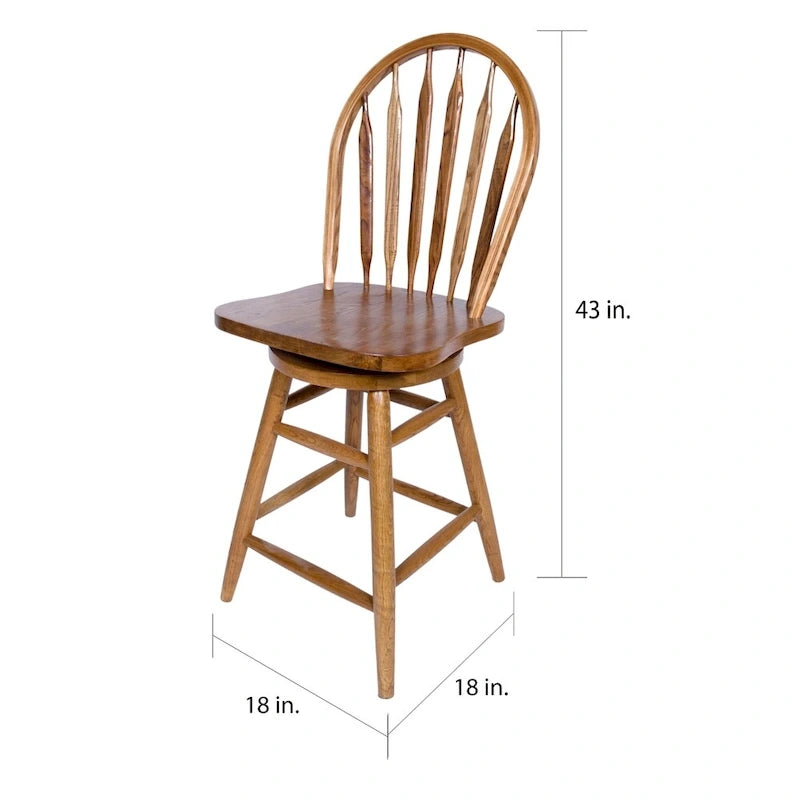 Tabouret de bar pivotant en chêne moyen massif avec dossier Windsor, hauteur comptoir