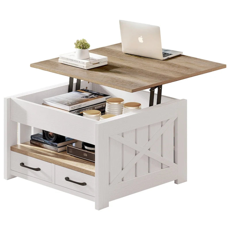 Table basse de style rustique, carrée, réglable en hauteur avec étagères de rangement et 2 tiroirs.