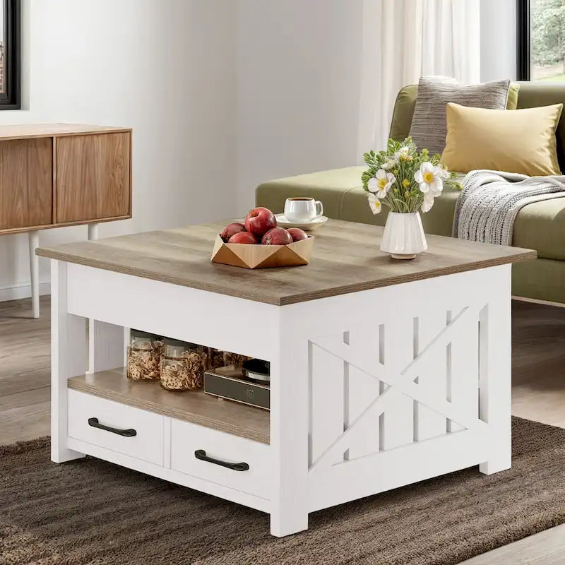 Table basse de style rustique, carrée, réglable en hauteur avec étagères de rangement et 2 tiroirs.
