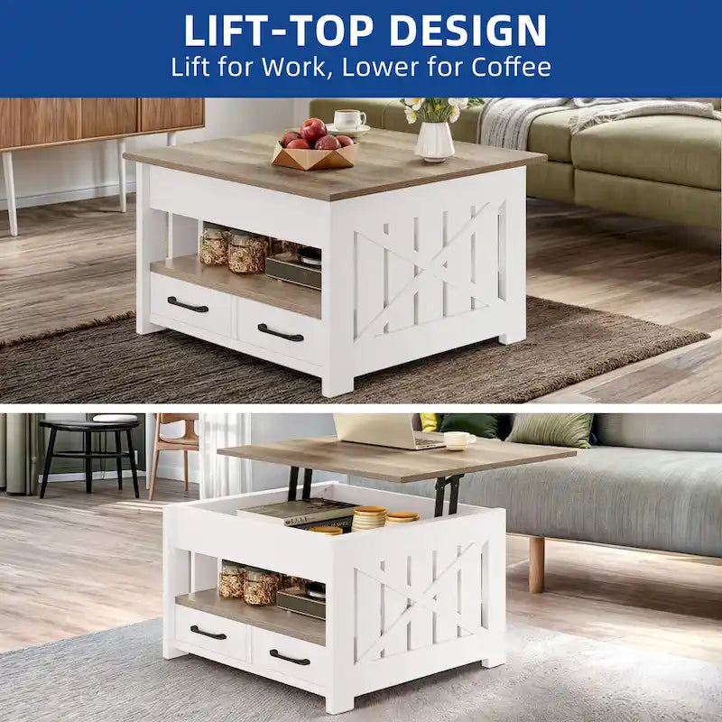 Table basse de style rustique, carrée, réglable en hauteur avec étagères de rangement et 2 tiroirs.