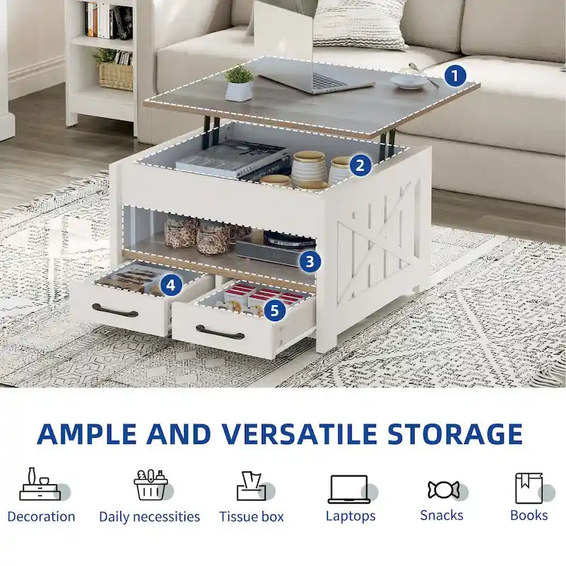 Table basse de style rustique, carrée, réglable en hauteur avec étagères de rangement et 2 tiroirs.