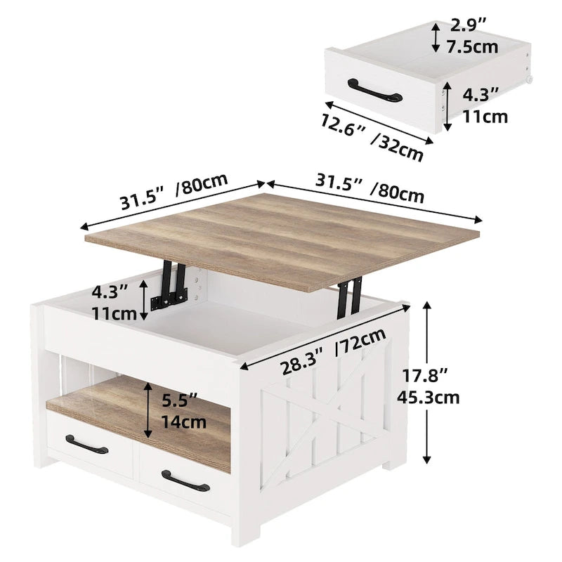 Table basse de style rustique, carrée, réglable en hauteur avec étagères de rangement et 2 tiroirs.