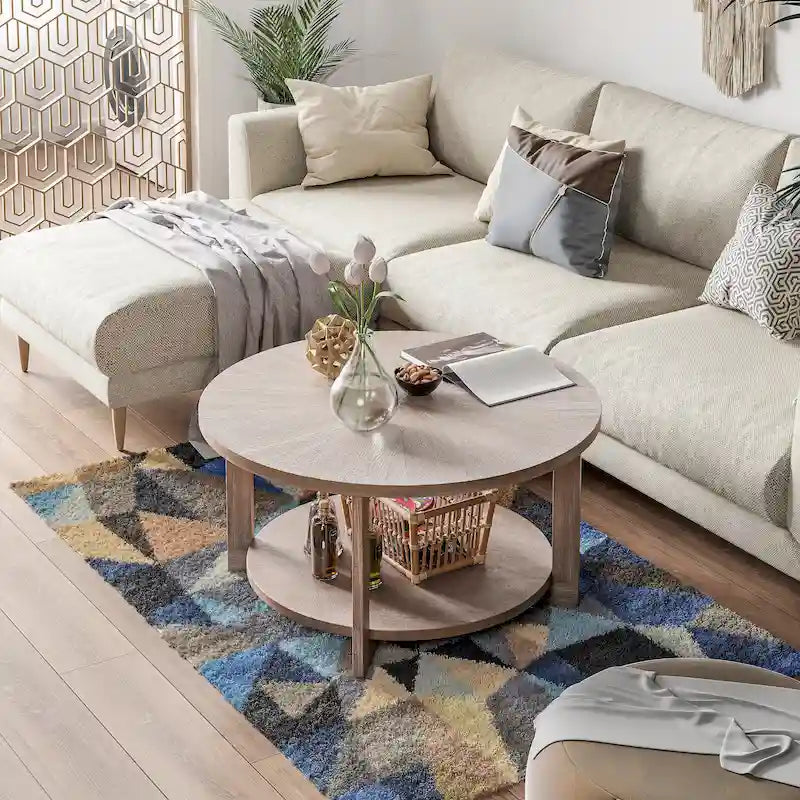 Table basse de style rustique avec étagères de rangement, petite table d'appoint ronde rustique ornée d'un magnifique motif rayonnant, peut être utilisée comme table d'appoint.
