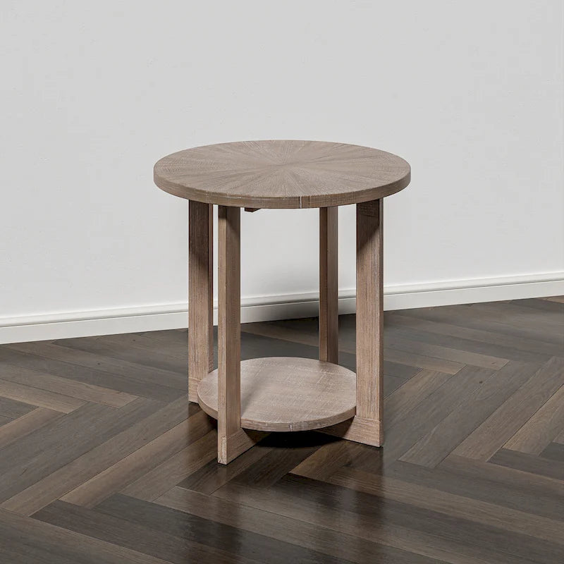 Table basse de style rustique avec étagères de rangement, petite table d'appoint ronde rustique ornée d'un magnifique motif rayonnant, peut être utilisée comme table d'appoint.