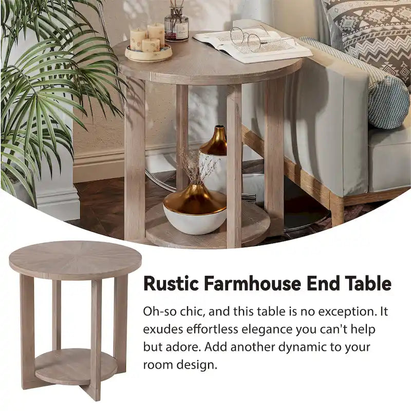 Table basse de style rustique avec étagères de rangement, petite table d'appoint ronde rustique ornée d'un magnifique motif rayonnant, peut être utilisée comme table d'appoint.