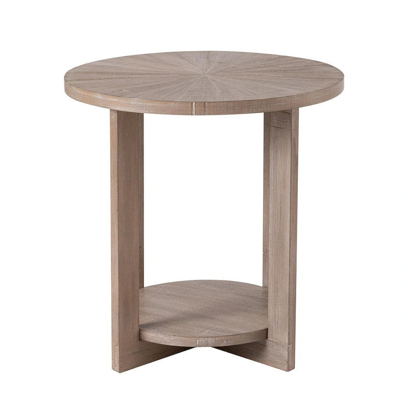 Table basse de style rustique avec étagères de rangement, petite table d'appoint ronde rustique ornée d'un magnifique motif rayonnant, peut être utilisée comme table d'appoint.