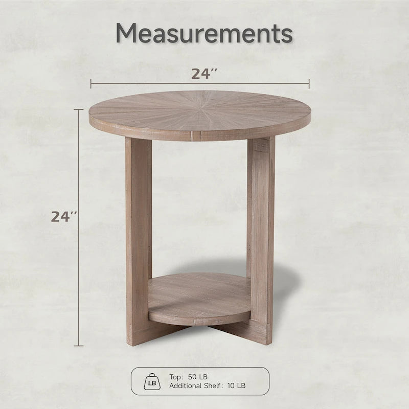 Table basse de style rustique avec étagères de rangement, petite table d'appoint ronde rustique ornée d'un magnifique motif rayonnant, peut être utilisée comme table d'appoint.