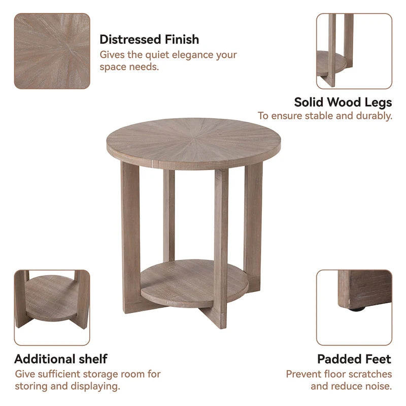 Table basse de style rustique avec étagères de rangement, petite table d'appoint ronde rustique ornée d'un magnifique motif rayonnant, peut être utilisée comme table d'appoint.