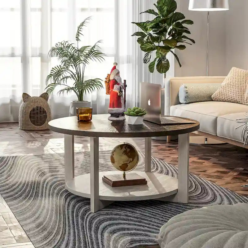 Table basse de style rustique avec étagères de rangement, petite table d'appoint ronde rustique ornée d'un magnifique motif rayonnant, peut être utilisée comme table d'appoint.