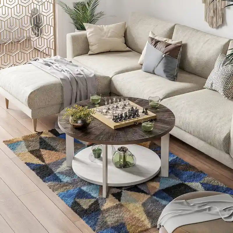 Table basse de style rustique avec étagères de rangement, petite table d'appoint ronde rustique ornée d'un magnifique motif rayonnant, peut être utilisée comme table d'appoint.