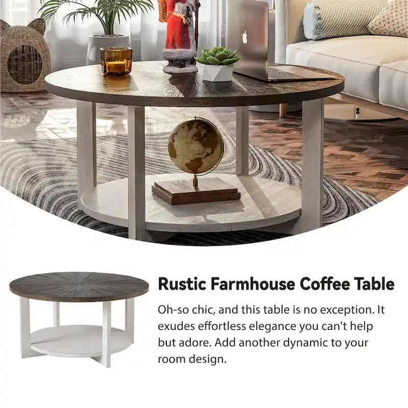 Table basse de style rustique avec étagères de rangement, petite table d'appoint ronde rustique ornée d'un magnifique motif rayonnant, peut être utilisée comme table d'appoint.