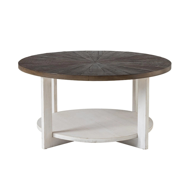 Table basse de style rustique avec étagères de rangement, petite table d'appoint ronde rustique ornée d'un magnifique motif rayonnant, peut être utilisée comme table d'appoint.