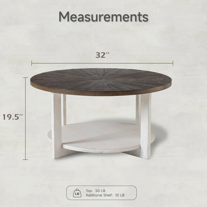 Table basse de style rustique avec étagères de rangement, petite table d'appoint ronde rustique ornée d'un magnifique motif rayonnant, peut être utilisée comme table d'appoint.