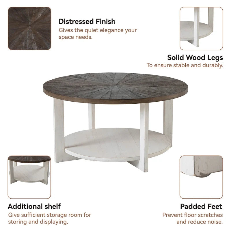 Table basse de style rustique avec étagères de rangement, petite table d'appoint ronde rustique ornée d'un magnifique motif rayonnant, peut être utilisée comme table d'appoint.