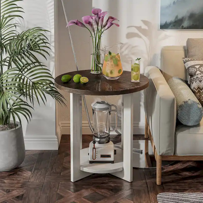 Table basse de style rustique avec étagères de rangement, petite table d'appoint ronde rustique ornée d'un magnifique motif rayonnant, peut être utilisée comme table d'appoint.