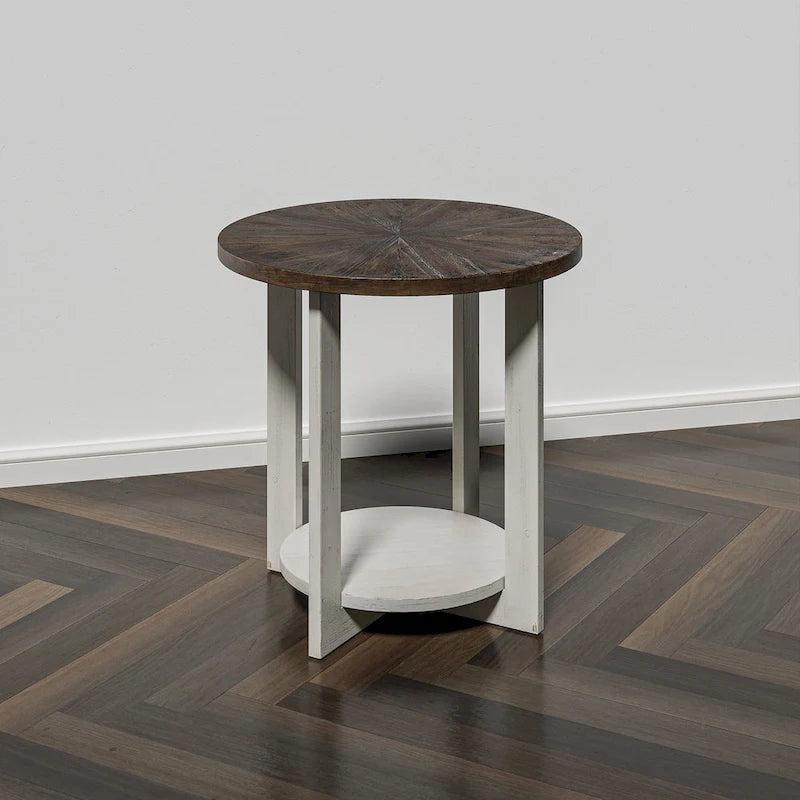 Table basse de style rustique avec étagères de rangement, petite table d'appoint ronde rustique ornée d'un magnifique motif rayonnant, peut être utilisée comme table d'appoint.