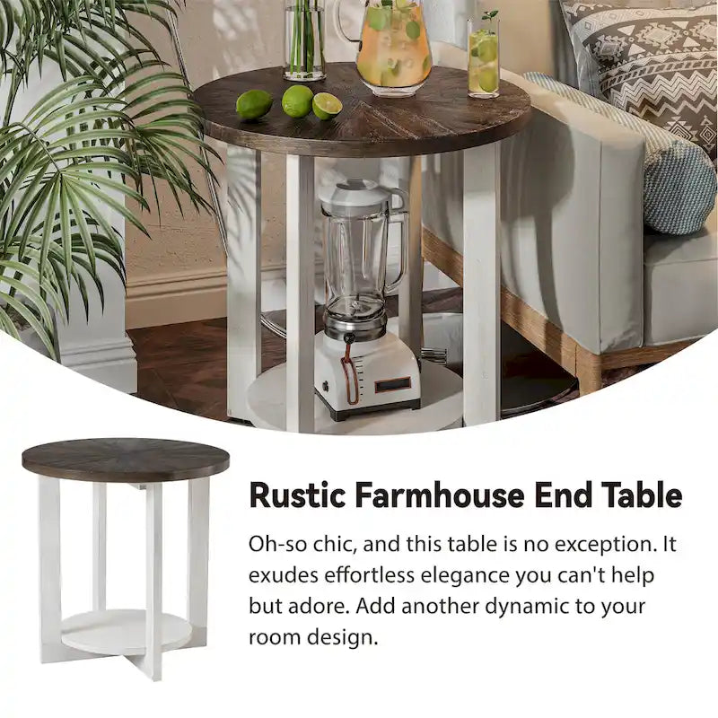 Table basse de style rustique avec étagères de rangement, petite table d'appoint ronde rustique ornée d'un magnifique motif rayonnant, peut être utilisée comme table d'appoint.