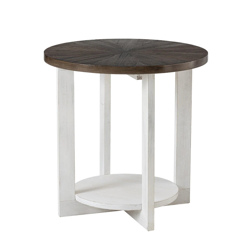 Table basse de style rustique avec étagères de rangement, petite table d'appoint ronde rustique ornée d'un magnifique motif rayonnant, peut être utilisée comme table d'appoint.