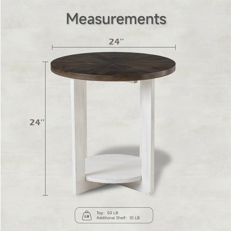 Table basse de style rustique avec étagères de rangement, petite table d'appoint ronde rustique ornée d'un magnifique motif rayonnant, peut être utilisée comme table d'appoint.