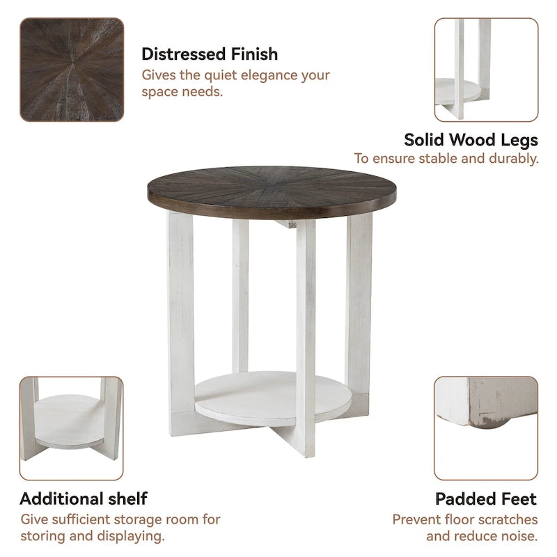 Table basse de style rustique avec étagères de rangement, petite table d'appoint ronde rustique ornée d'un magnifique motif rayonnant, peut être utilisée comme table d'appoint.