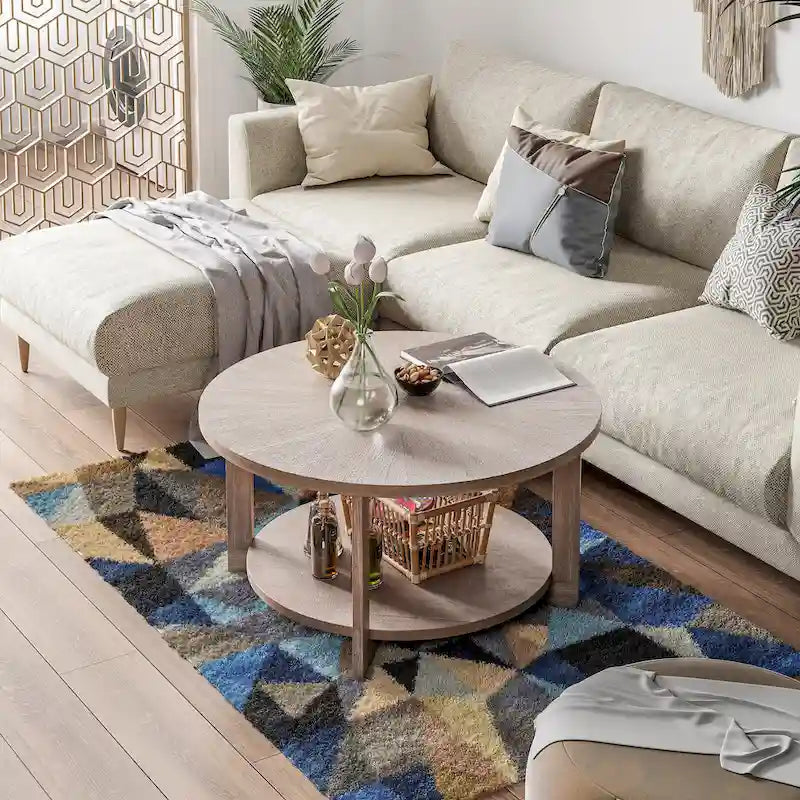 Table basse de style rustique avec étagères de rangement, petite table d'appoint ronde rustique ornée d'un magnifique motif rayonnant, peut être utilisée comme table d'appoint.
