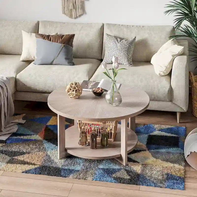 Table basse de style rustique avec étagères de rangement, petite table d'appoint ronde rustique ornée d'un magnifique motif rayonnant, peut être utilisée comme table d'appoint.