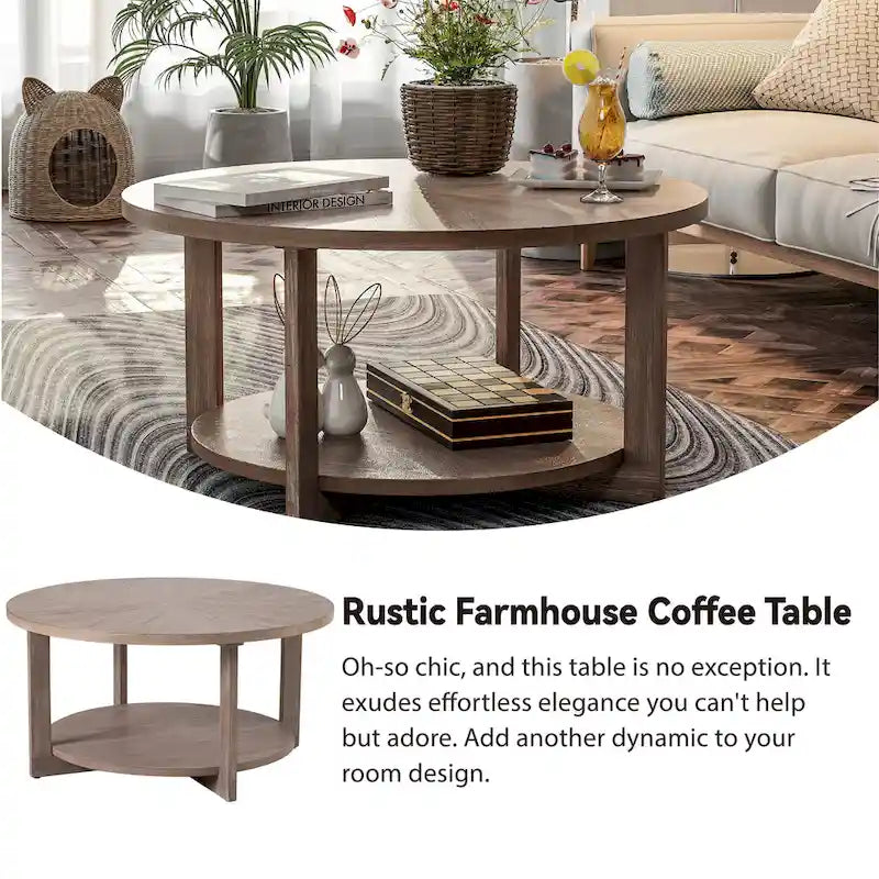Table basse de style rustique avec étagères de rangement, petite table d'appoint ronde rustique ornée d'un magnifique motif rayonnant, peut être utilisée comme table d'appoint.