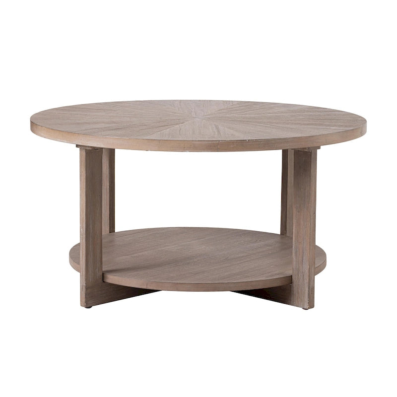 Table basse de style rustique avec étagères de rangement, petite table d'appoint ronde rustique ornée d'un magnifique motif rayonnant, peut être utilisée comme table d'appoint.