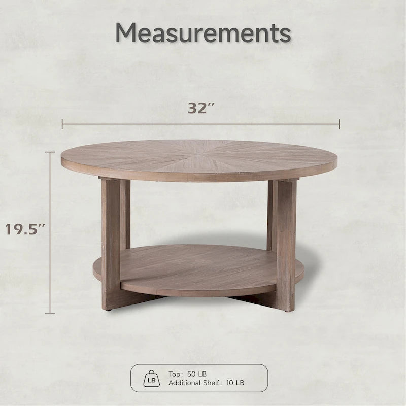 Table basse de style rustique avec étagères de rangement, petite table d'appoint ronde rustique ornée d'un magnifique motif rayonnant, peut être utilisée comme table d'appoint.